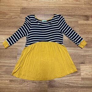 P.S. Kate - Women's Navy Blue and White Stripped and Mustard Yellow Bottom Top-S